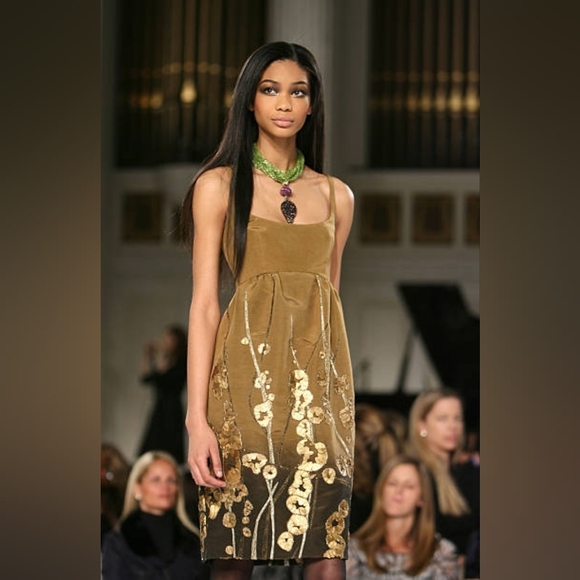 $5000 OSCAR DE LA RENTA OMBRA EXCLUSIVE GOLD BEAD EMBROID RUNWAY MIDI DRESS L